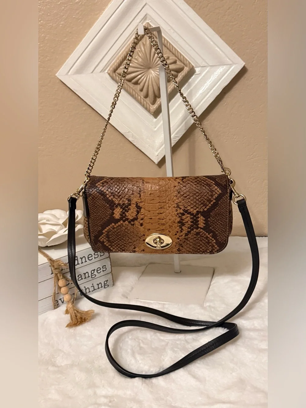 Coach Brown Snakeskin-Print Crossbody Bag with Dark Brown Strap